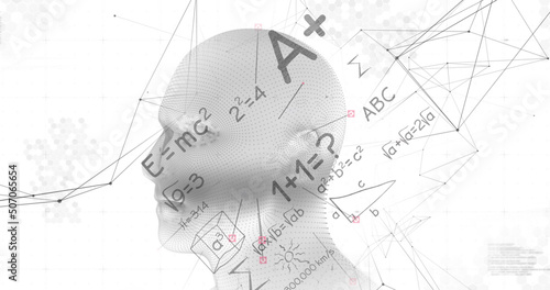 Image of digital head and mathematical equations on white background
