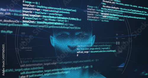 Image of digital head and data processing on blue background