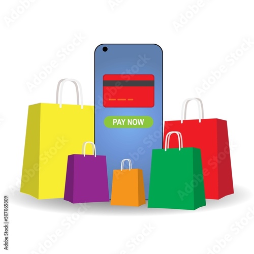 Colorful paper shopping bags of different sizes, vector on white background