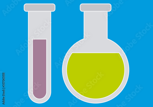 Tubo de ensayo y recipientes de laboratorios en fondo azul.