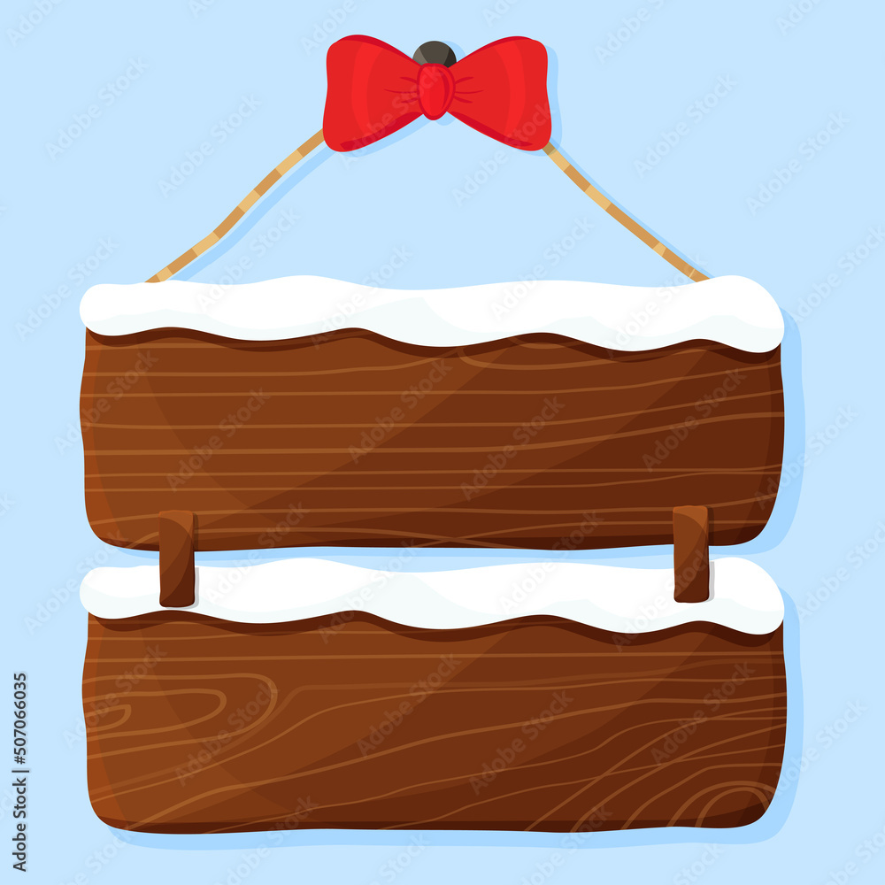 Christmas wooden sign decorated with snow and ornaments. Vector illustration flat.