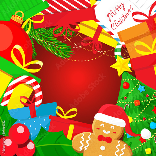 Christmas background illustration with gift boxes and ornaments. Vector flat