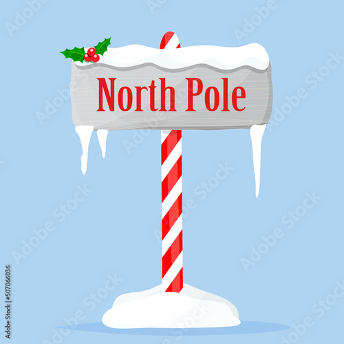 Christmas wooden sign decorated with snow and ornaments. Vector illustration flat.