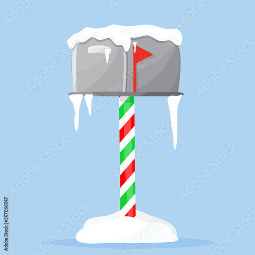 Christmas mail box decorated with snow and ornaments. Vector illustration flat.