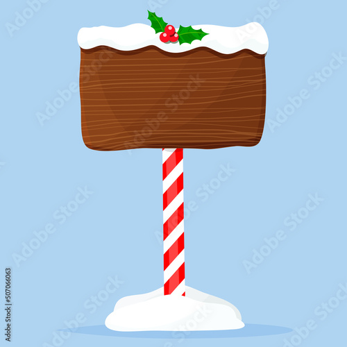 Christmas wooden sign decorated with snow and ornaments. Vector illustration flat.