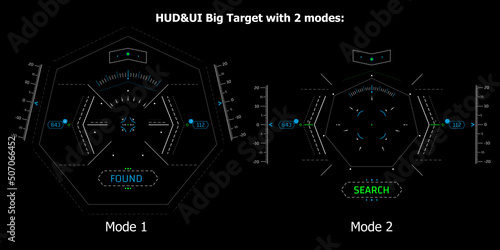 Big Hi-tech sniper scope aiming system with two modes. Futuristic sniper scope, collimator, sci-fi crosshair. Optical aim with target and various indicators.  Vector GUI crosshair. For motion design