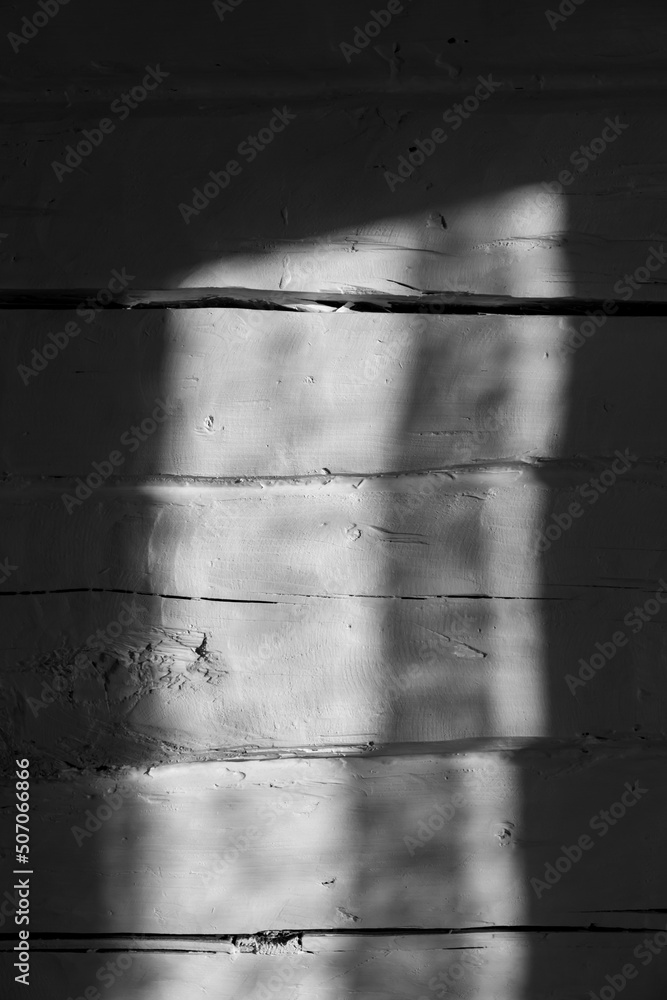 Obraz premium White uneven wooden log wall of rough texture with a sunspot from the window. Country style. Abstract background. Shadow and light. Natural old plank. Gray color. Daylight. Interior. Copy space