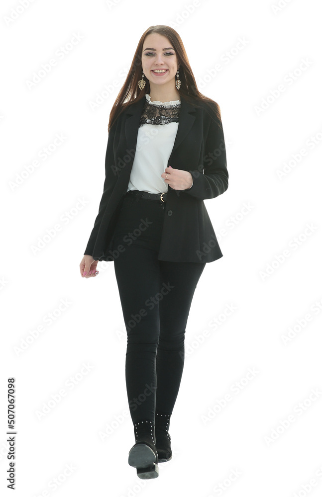 Happy casual woman walking - isolated over a white background Happy casual woman walking - isolated over a white background
