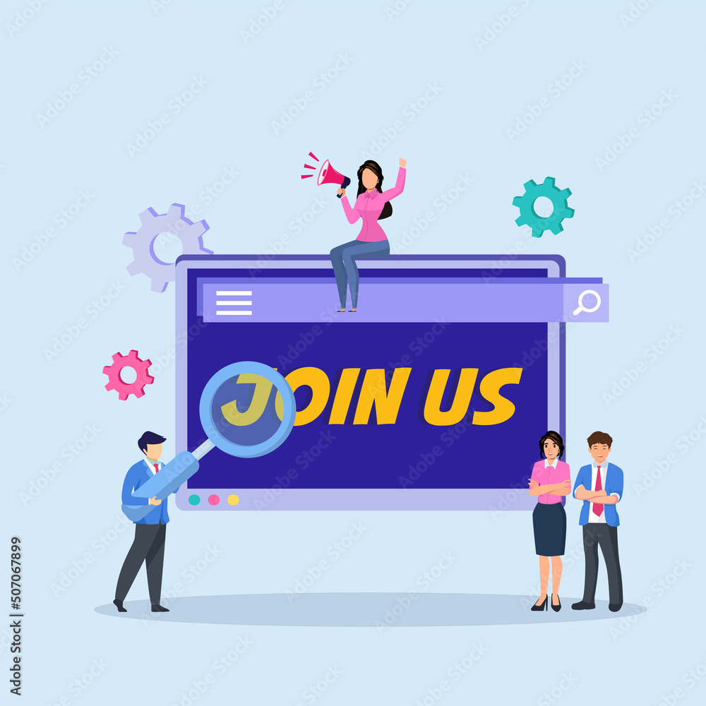 Fototapeta premium Join Us vector concept. business people standing with Join Us text on the screen