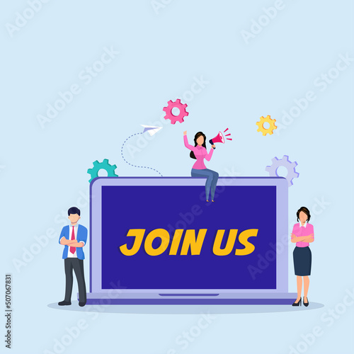 Join Us vector concept. business people standing with Join Us text on the screen