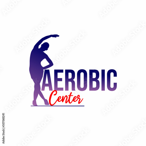 Aerobics logo with silhouette female illustration doing gymnastic movements. aerobics center mascot