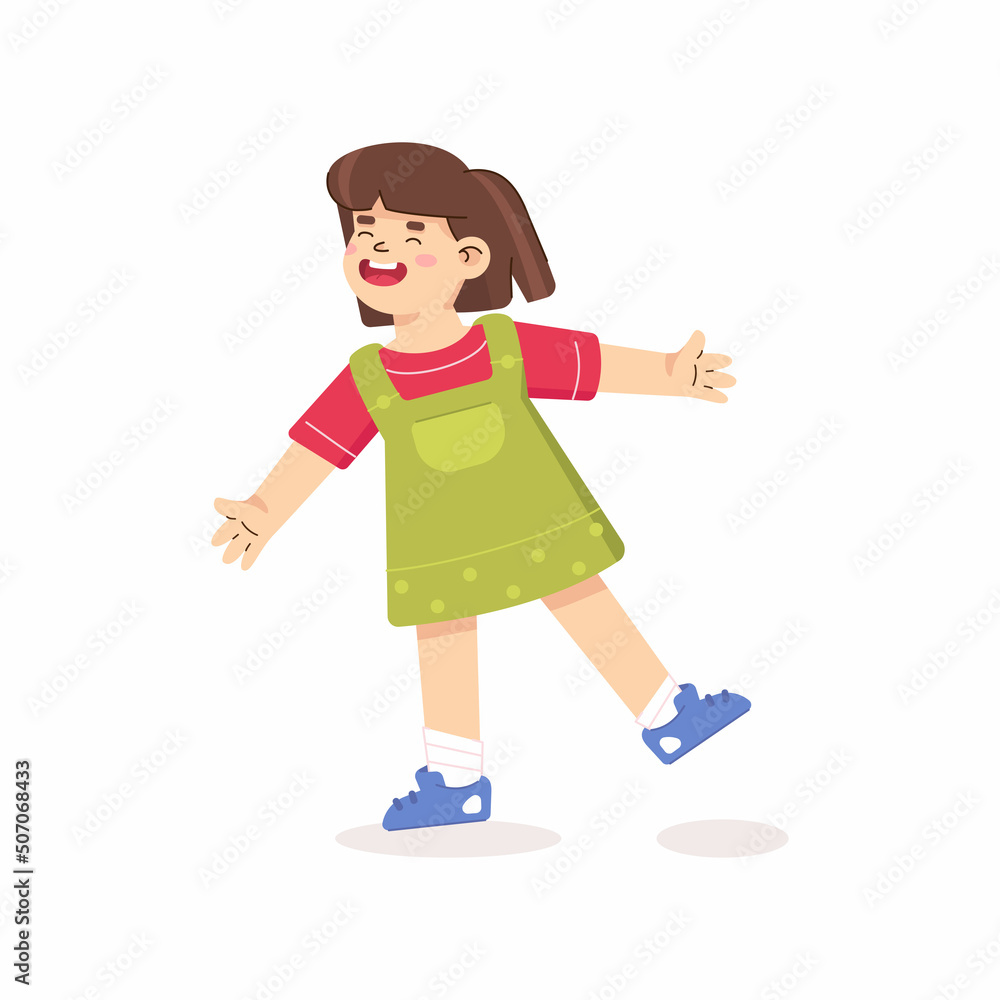 Happy girl smiles broadly. Happy child character. Cartoon vector illustration isolated on white background