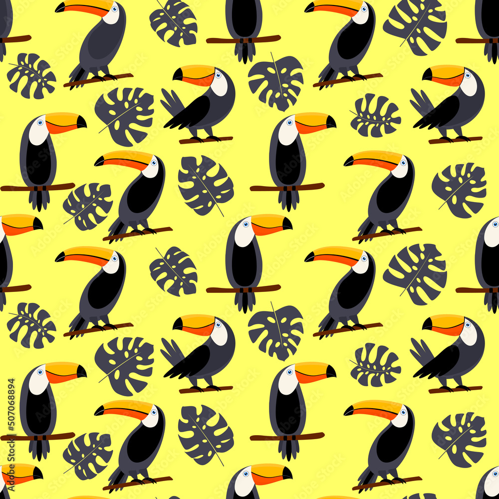 Fototapeta premium Jungle bird seamless pattern in doodle style with simple toucan. Flat vector print for textile, fabric, giftwrap, wallpapers.