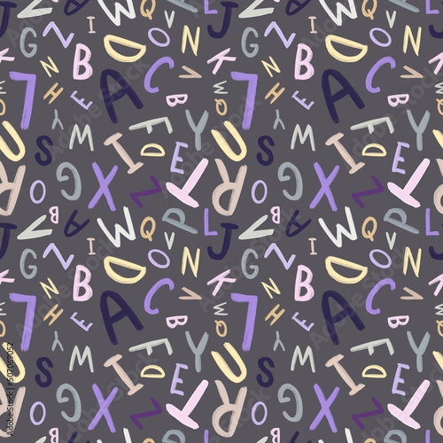 Pattern with English letters hand drawn on a gray background. The color of the year 2022. Seamless Pattern.
