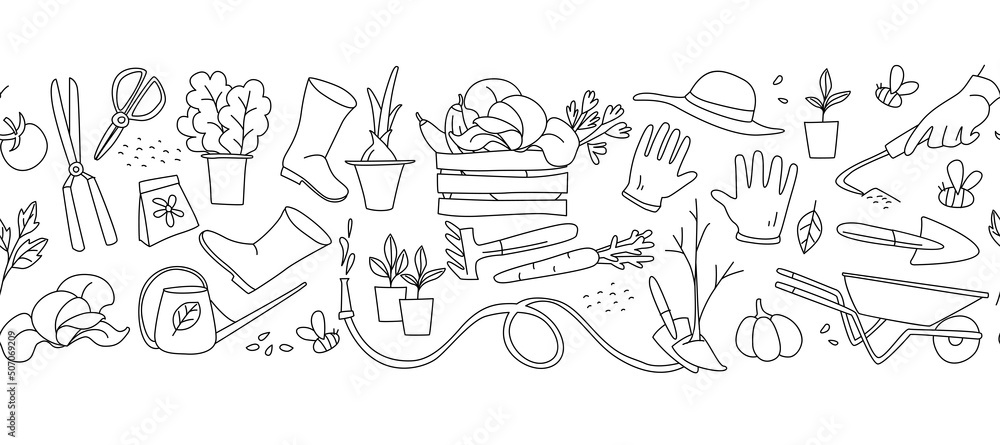 Gardening, preparing spring season, seedlings, growing farm vegetables, garden tools