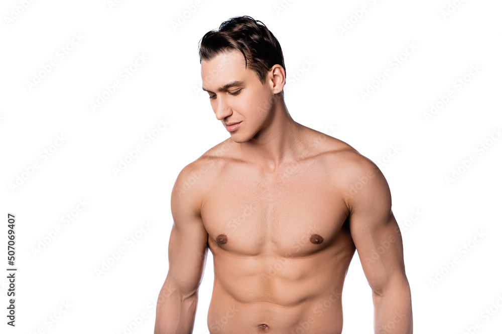 brunette man with strong body and clean skin isolated on white. brunette man with strong body and clean skin isolated on white.