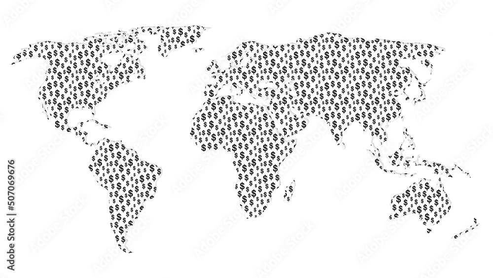 World map made of dollar symbols, paper cut out effect. Illustration on white background. Abstract concept illustration of power of the dollar. 4k resolution. World map made of dollar symbols, paper cut out effect. Illustration on white background. Abstract concept illustration of power of the dollar. 4k resolution.