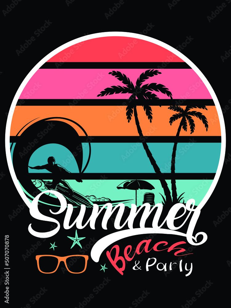 Summer beach and party vector t shirt design, summer beach background