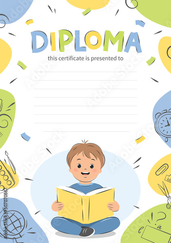 Diploma of school children. Sample elementary school kids certificate. Boy reading book, background with school supplies. Vector illustration