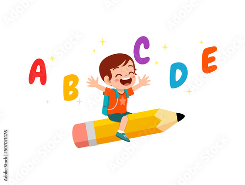 little kid riding a pencil and fly