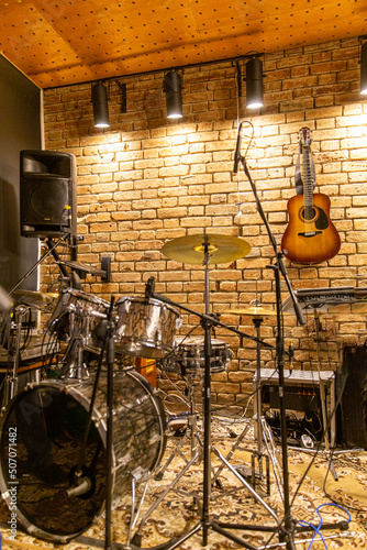 Drum kit. Drums in room. Recording studio