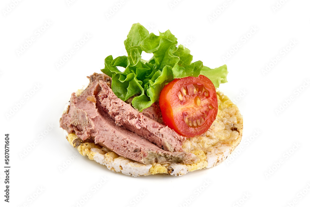 Sandwich with liver pate, isolated on white background.