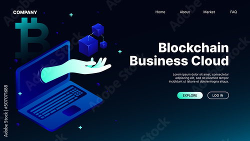 Blockchain Business Cloud. Isometric Landing Page. Vector illustration