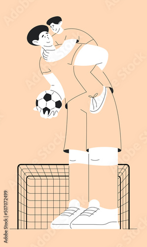 Sports family with soccer ball vector illustration. Father rides son on back. Brother training to play football. Isolated template with gate in flat style with outline, line art, minimal. Footballers