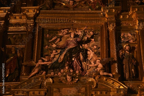 Assumption of Mary, part of the main altar piece at Santa María de la Asunción basilica by Juan Bautista Vázquez, Andres de Ocampo and co-workers, Arcos de la Frontera, Spain