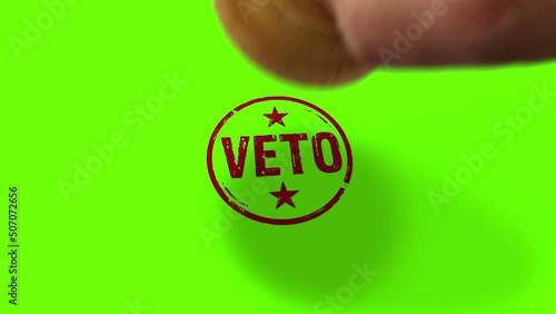 Veto stamp and hand stamping impact isolated animation. Opposition, objection and refuse symbol 3D rendered concept. Alpha matte channel.