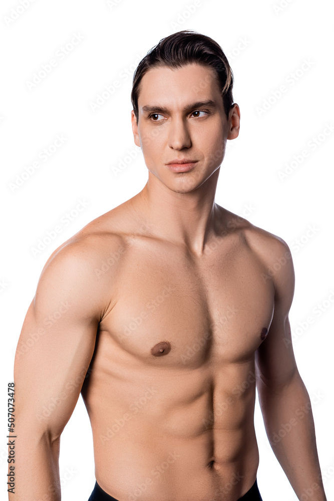 shirtless man with muscular body and perfect skin looking away isolated on white. shirtless man with muscular body and perfect skin looking away isolated on white.