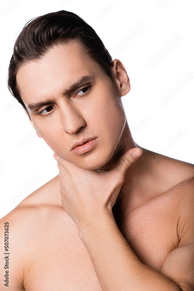 man with naked chest touching neck and looking away isolated on white. man with naked chest touching neck and looking away isolated on white.