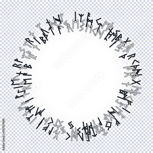 Runes round ethnic pattern. Runic alphabet, Futhark. Ancient norse occult symbols, brown vikings letters on white, rune font. Design for fabric, wallpaper, scrapbook, wrapping. Vector illustration