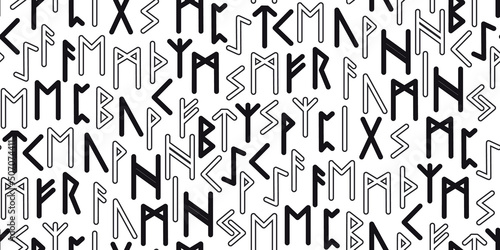 Runes seamless ethnic pattern. Runic alphabet, Futhark. Ancient norse occult symbols, vikings letters on black, rune font. Design for fabric, wallpaper, scrapbook, wrapping. Vector illustration