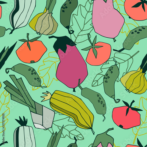 Seamless repeating pattern with vegetables. Stylized vector line art. Abstract colorful trendy illustrations on light-colored background. Healthy food, carbs, veganism concept