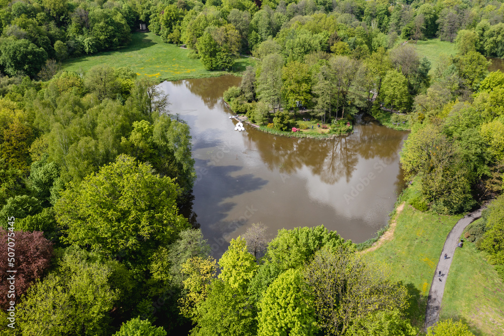 Drone view of pond in park of Pszczyna town in southern Poland Drone view of pond in park of Pszczyna town in southern Poland