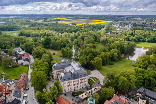 Aerial drone view of castle and park in Pszczyna town in southern Poland photo