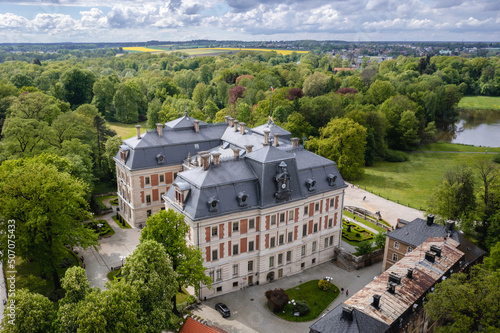 Drone photo of castle in Pszczyna town in southern Poland photo