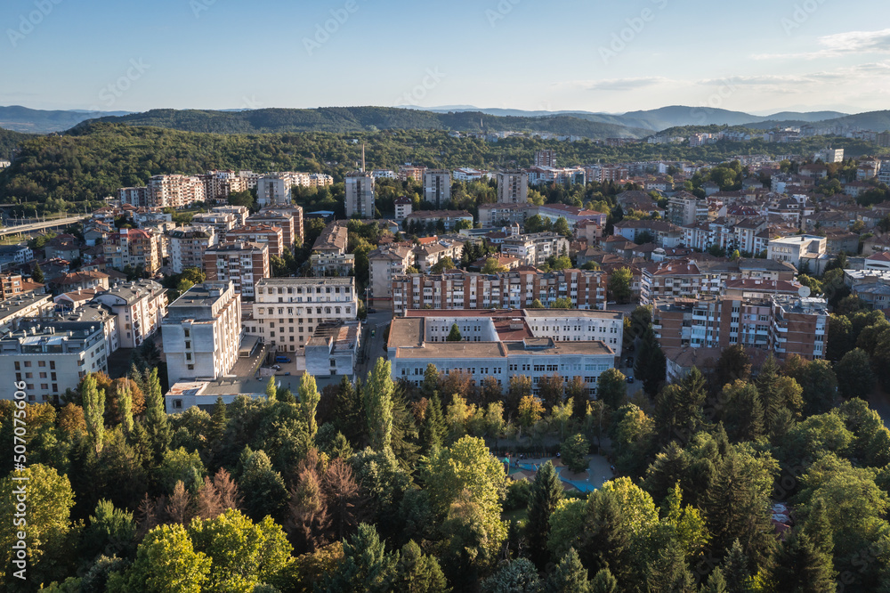 Aerial drone photo of Veliko Tarnovo city in Bulgaria