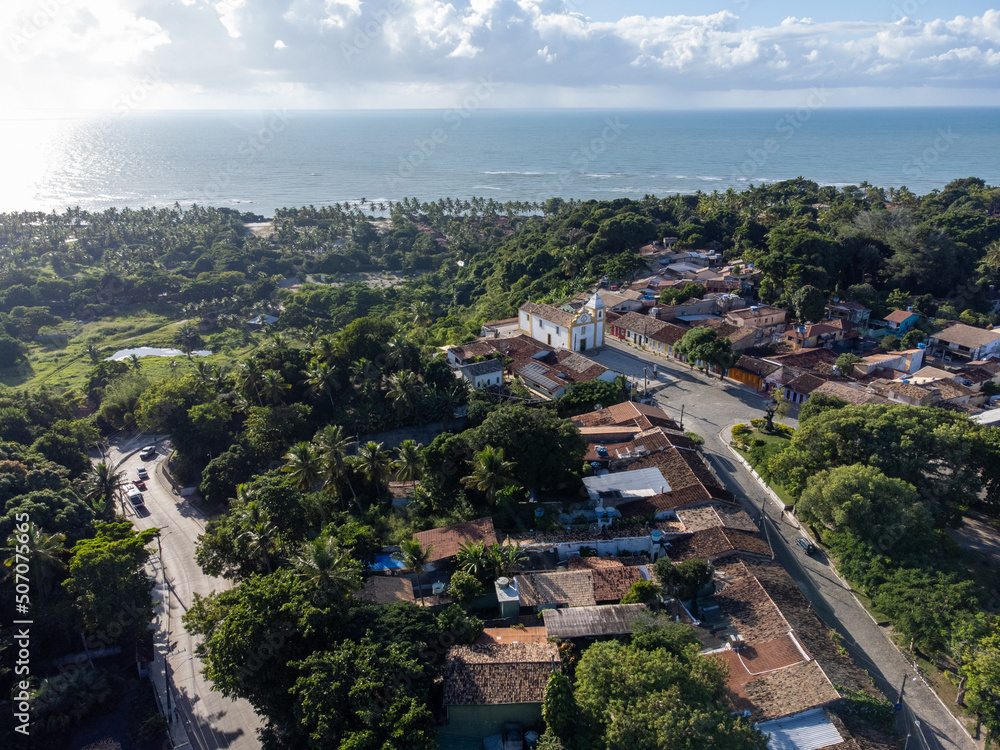 historic center of tourist town Arraial D'Ajuda, Bahia, Brazil - summer aerial Drone View