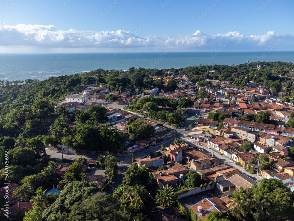 historic center of tourist town Arraial D'Ajuda, Bahia, Brazil - summer aerial Drone View