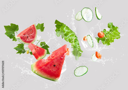 Fototapeta Naklejka Na Ścianę i Meble -  Watermelon - vegetable - Lettuce - tomato- Cucumber- Salad - fresh