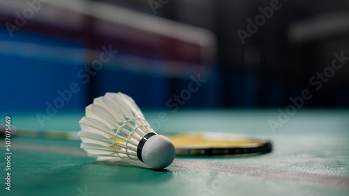 Badminton shuttlecock on a green floor 
