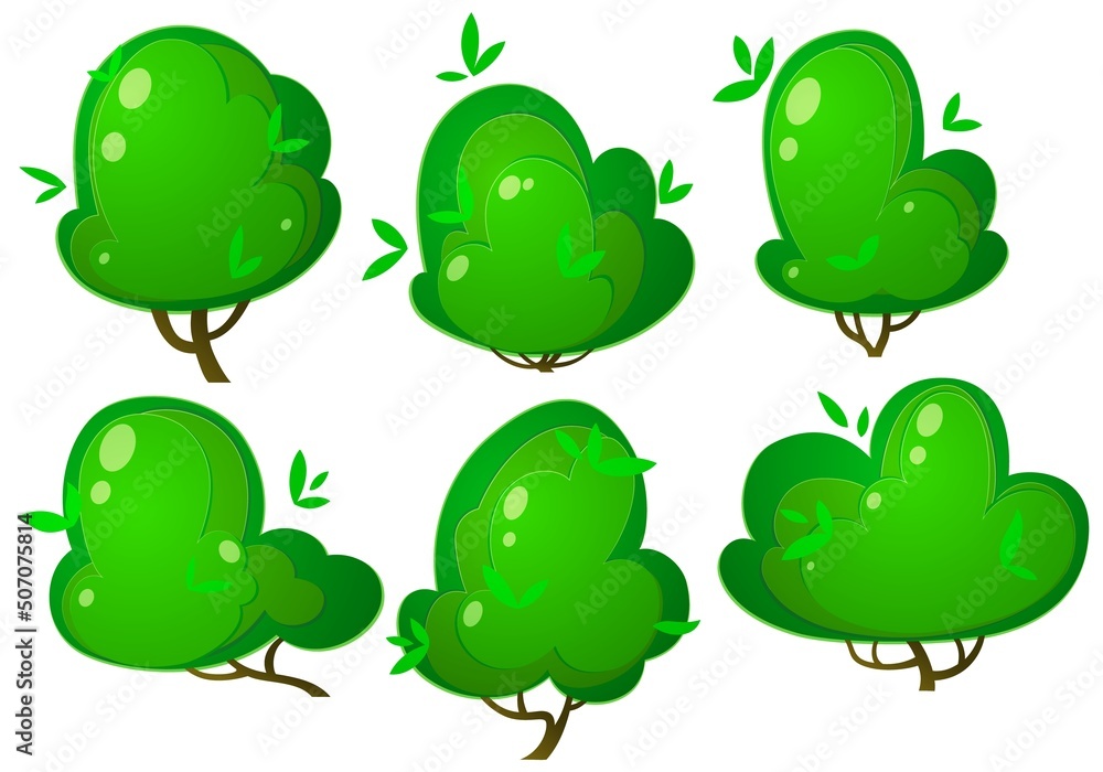 six cartoon shrubs, vector illustrations of garden bushes, set of elements for your design six cartoon shrubs, vector illustrations of garden bushes, set of elements for your design
