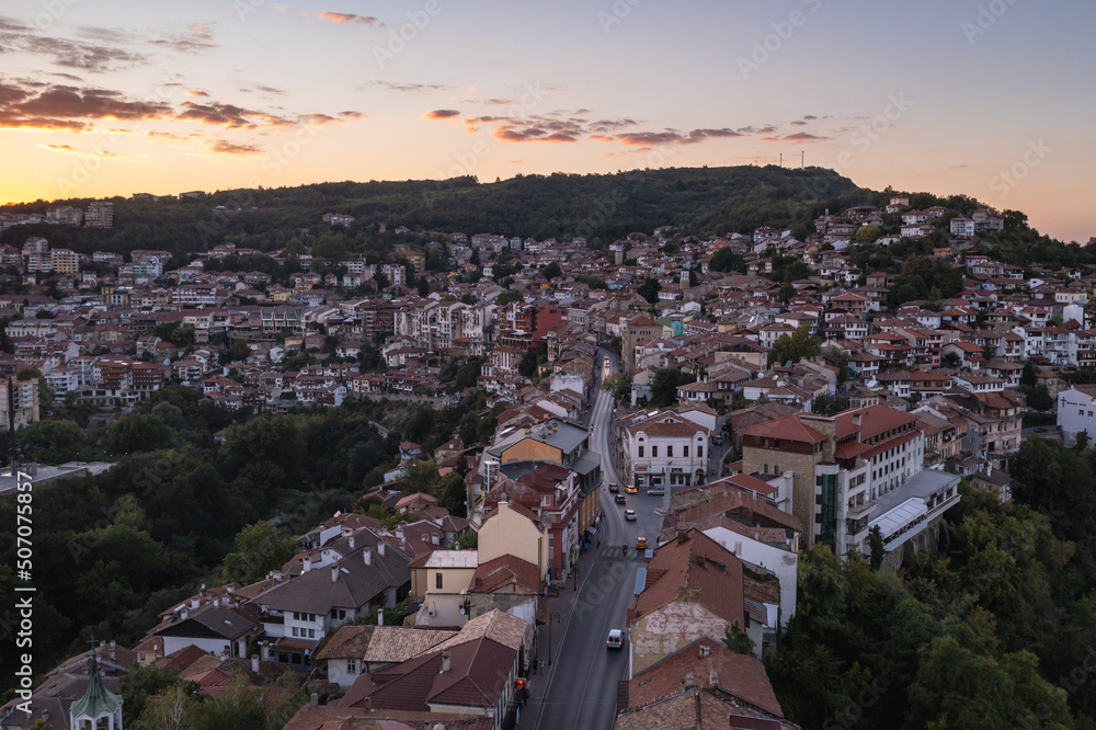 Drone photo of historic part of Veliko Tarnovo city, Bulgaria