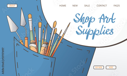 Vector art background with brushes, palette knife, paint tubes in pocket of apron for shop art supplies. Vector template perfect for banner, poster, website, advertising.