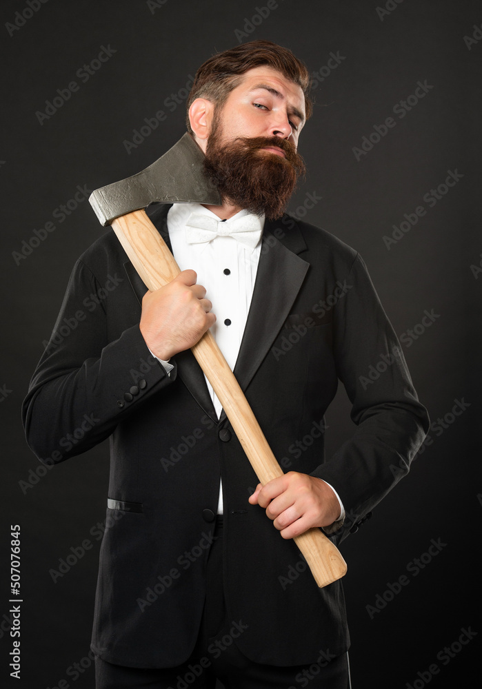 Axe shave and haircut. Barbering. Bearded man scrape chin with axe. Barbershop Axe shave and haircut. Barbering. Bearded man scrape chin with axe. Barbershop