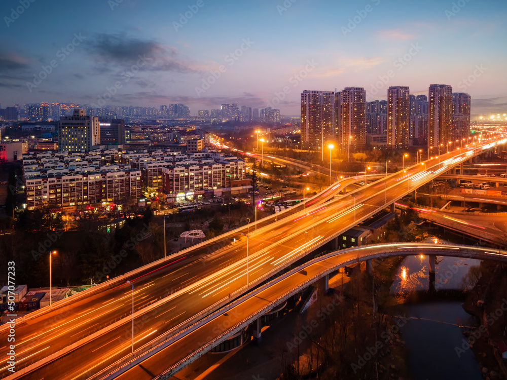 Aerial photography of Qingdao city overpass night view