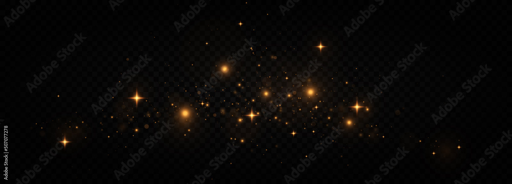 Christmas golden dust. Beautiful sparks shine with special light. Magical yellow dust particles. Christmas Abstract stylish light effect on a black transparent background.
