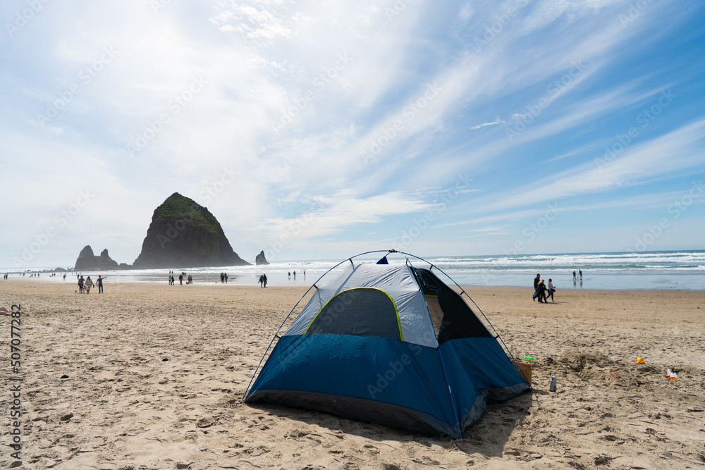 camping tent on beach of oregon haystack rock